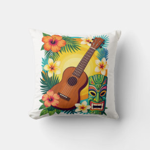 Tropical Ukulele Tiki Luau Party Vibes T-Shirt Throw Pillow