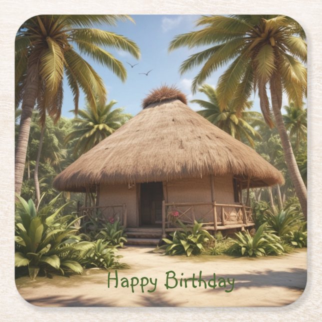 Tropical Vacation Birthday Square Paper Coaster (Front)