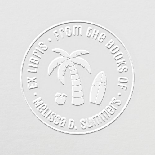 Tropical Vacation Palm Surfboard Bookplate Embosser