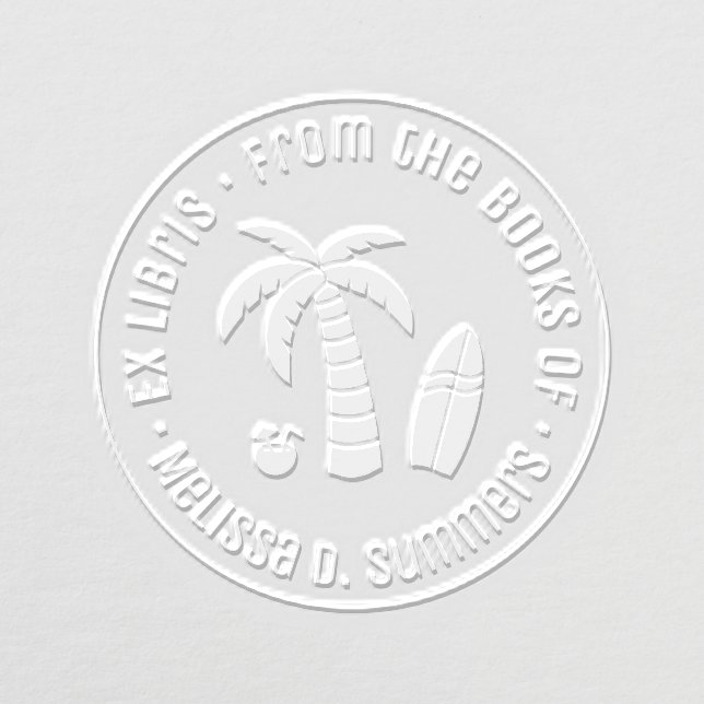 Tropical Vacation Palm Surfboard Bookplate Embosser (Design)