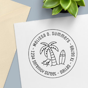 Tropical Vacation Palm Surfboard Round Address Self-inking Stamp