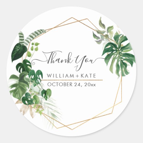 Tropical Variegated Greenery Thank You Classic Round Sticker