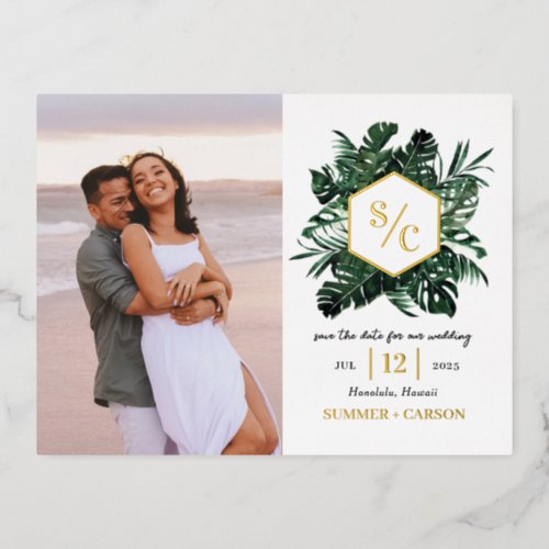 Tropical Vibe FOIL Wedding Save The Date Postcard