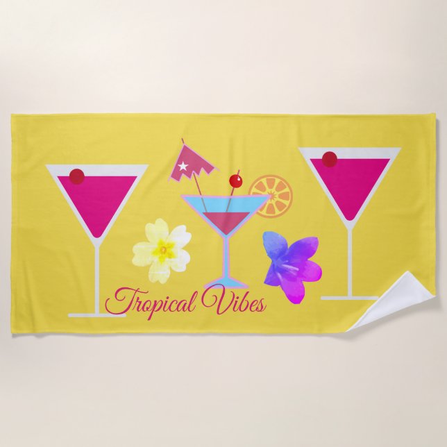 Tropical Vibes Colorful Cocktails Beach Towel (Front)