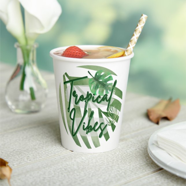Tropical Vibes - Green Palm Tree Print Themed  Paper Cups (Insitu)