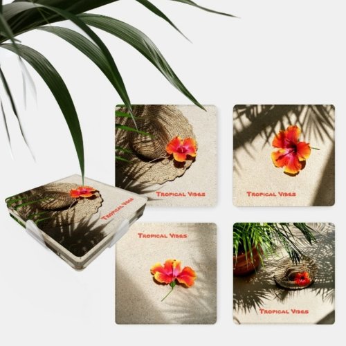 Tropical Vibes Hibiscus Customizable Coaster Set