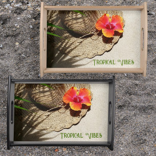 Tropical Vibes Hibiscus Flower Customizable Wood Serving Tray