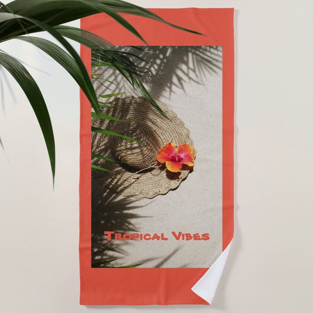 Tropical Vibes Hibiscus Sunhat on Sand Orange Beach Towel (Creator Uploaded)