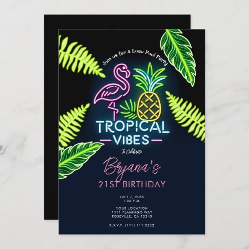 Tropical Vibes Neon Glow Leaves Birthday Party Invitation