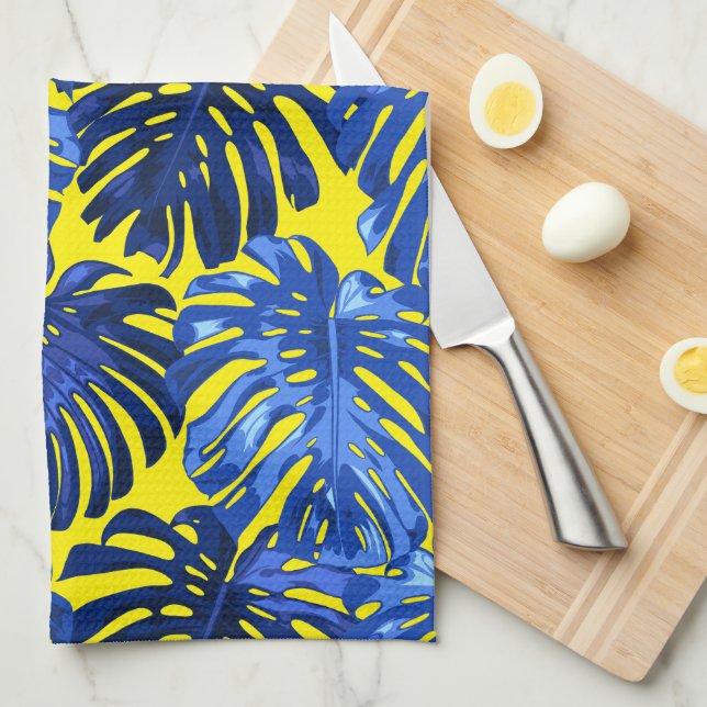 Tropical Vibrant Blue Yellow Island Leaves Kitchen Towel (Quarter Fold)