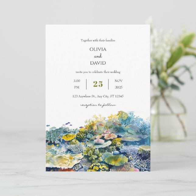 Tropical Vibrant Fish Coral Reef Beach Wedding  Invitation (Standing Front)