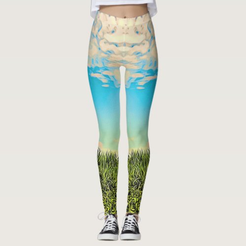 Tropical Village Sugar Cane Field Panorama Leggings