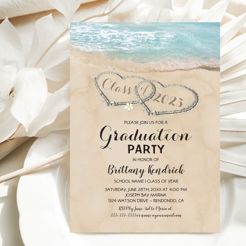 Tropical Vintage Beach Graduation Party Invitation - Beach graduate party invitations featuring a summer tropical beach island background, a vintage sandy beach with two hearts in the shoreline, the class year and a modern graduation party template. Click on the “personalize” button for further customization of this template. You will be able to modify all text, including the style, colors, and sizes. You will find matching items further down the page, if however you can't find what you looking for please contact me.