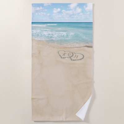 Tropical Vintage Beach Heart Shore Monogram Beach Towel