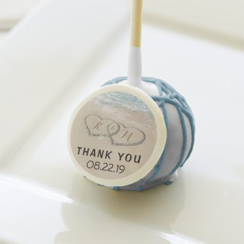 Tropical Vintage Beach Heart Shore Wedding Cake Pops - Nautical monogram wedding cake pops featuring a summer tropical beach island background, a vintage sandy beach with two hearts in the shoreline, your initials, the words "thank you" and the wedding date.
