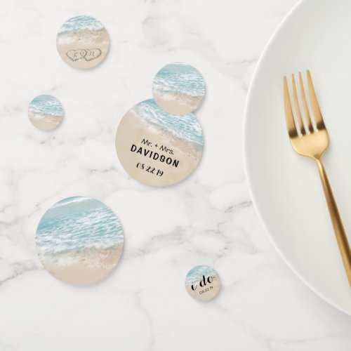 Tropical Vintage Beach Heart Shore Wedding Confetti - Beach destination wedding confetti featuring a summer tropical beach island background, a vintage sandy beach with two hearts in the shoreline, your initials and a wedding theme text template. Click on the “Customize it” button for further personalization of this template. You will be able to modify all text, including the style, colors, and sizes. You will find matching items further down the page, if however you can't find what you looking for please contact me.