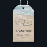 Tropical Vintage Beach Heart Shore Wedding Favor Gift Tags<br><div class="desc">Beach destination thank you gift tags featuring a summer tropical beach island background, a vintage sandy beach with two hearts in the shoreline, your initials and a editable text template. Click on the “Customize it” button for further personalization of this template. You will be able to modify all text, including...</div>