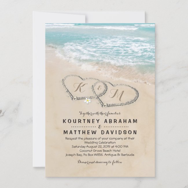 Tropical Vintage Beach Heart Shore Wedding Invitation
