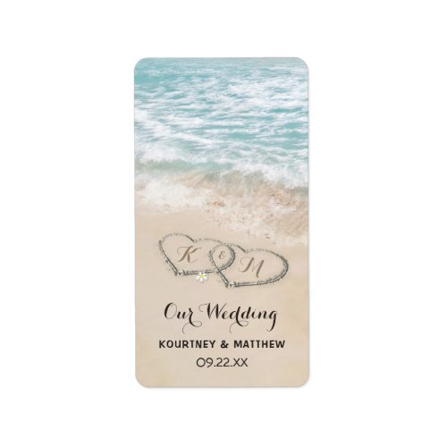 Tropical Vintage Beach Heart Shore Wedding Labels - Beach destination wedding labels featuring a summer tropical beach island background, a vintage sandy beach with two hearts in the shoreline, your initials and a wedding text template.