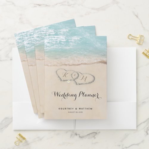 Tropical Vintage Beach Heart Shore Wedding Planner Pocket Folder - Beach destination summer wedding planner pocket folder featuring a summer tropical beach island background, a vintage sandy beach with two hearts in the shoreline, your initials, name and wedding date.