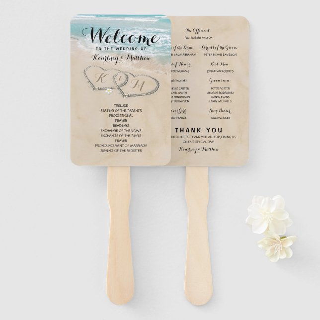Tropical Vintage Beach Heart Shore Wedding Program Hand Fan (Front and Back)