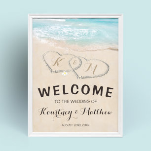 Tropical Vintage Beach Heart Shore Wedding Welcome Poster