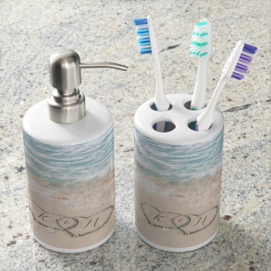 Tropical Vintage Beach Heart Shoreline Soap Dispenser And Toothbrush Holder