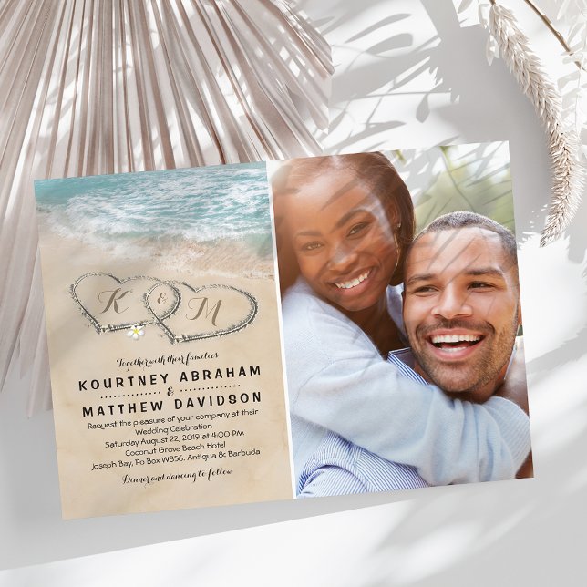 Tropical Vintage Beach Heart Wedding Photo Invitation (Creator Uploaded)
