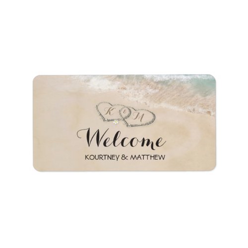 Tropical Vintage Beach Hearts in Sand Label - Beach destination water bottle labels featuring a summer tropical beach island background, a vintage sandy beach with two hearts in the shoreline, your initials, and a simple text template. Click on the “Customize it” button for further personalization of this template. You will be able to modify all text, including the style, colors, and sizes. You will find matching items further down the page, if however you can't find what you looking for please contact me.