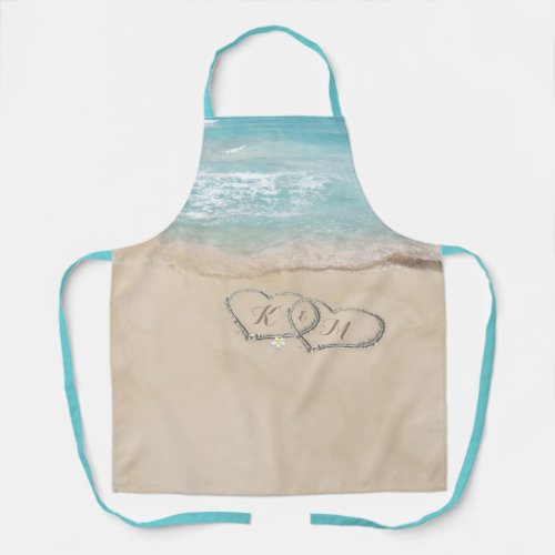 Tropical Vintage Beach Hearts Initials Apron - Tropical beach kitchen apron featuring a summer vintage sandy beach with two hearts in the shoreline with your initials, and calm blue ocean ripple waves.