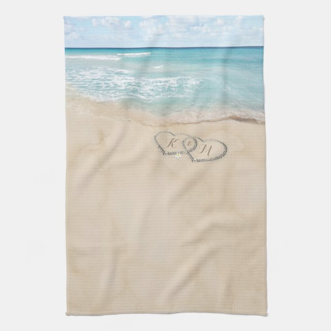 Tropical Vintage Beach Hearts Initials Kitchen Towel (Vertical)