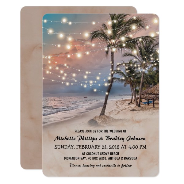 256080169968317116 Tropical Vintage Beach Lights Wedding Invitation