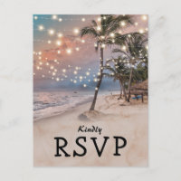 Tropical Vintage Beach Lights Wedding RSVP Invitation Postcard