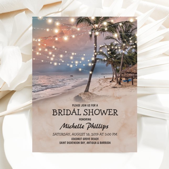 Tropical Vintage Beach String Lights Bridal Shower Invitation