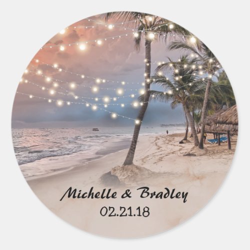Tropical Vintage Beach String Lights Wedding Classic Round Sticker