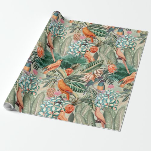 Tropical Vintage Birds in Jungle Paradise sepia Wrapping Paper