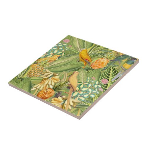 Tropical Vintage Birds in Jungle Paradise yellow Ceramic Tile