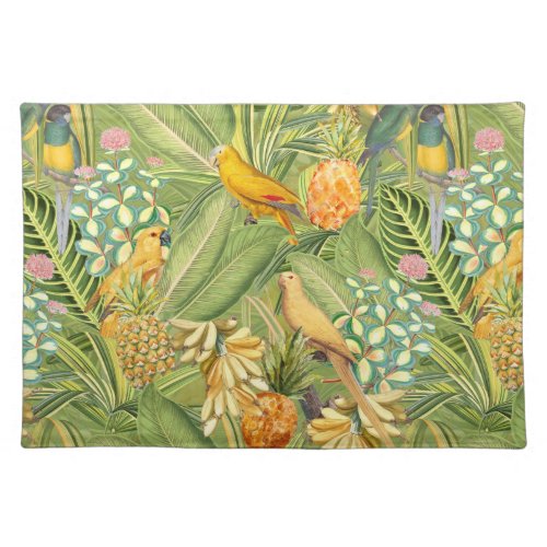 Tropical Vintage Birds in Jungle Paradise yellow Cloth Placemat