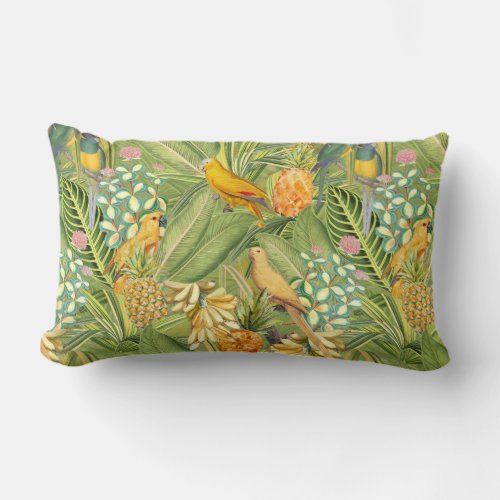 Tropical Vintage Birds in Jungle Paradise yellow Lumbar Pillow