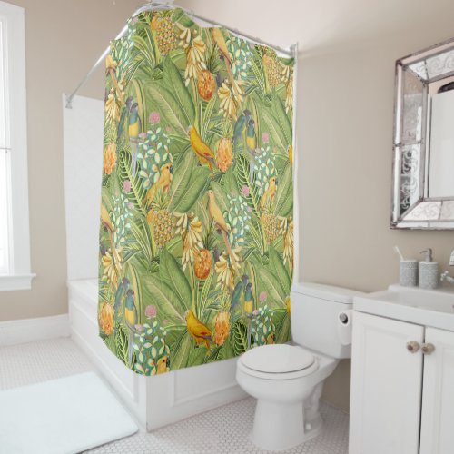 Tropical Vintage Birds in Jungle Paradise yellow Shower Curtain