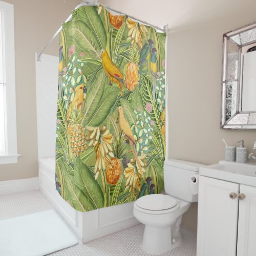 Tropical Vintage Birds in Jungle Paradise yellow Shower Curtain