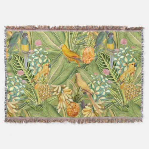 Tropical Vintage Birds in Jungle Paradise yellow Throw Blanket