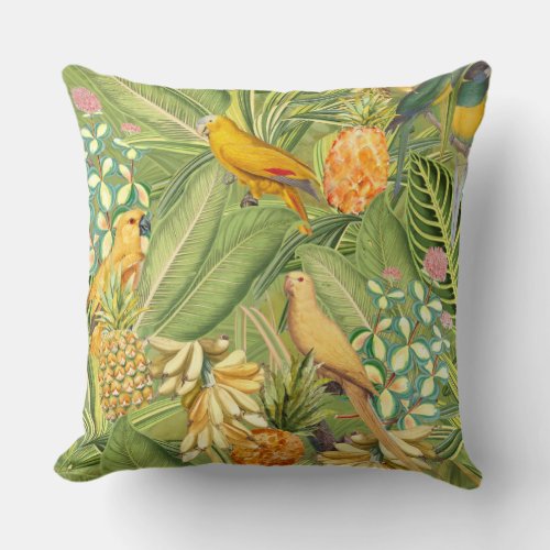 Tropical Vintage Birds in Jungle Paradise yellow Throw Pillow