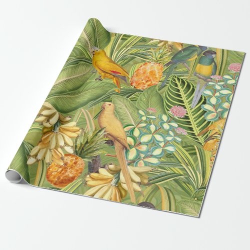 Tropical Vintage Birds in Jungle Paradise yellow Wrapping Paper