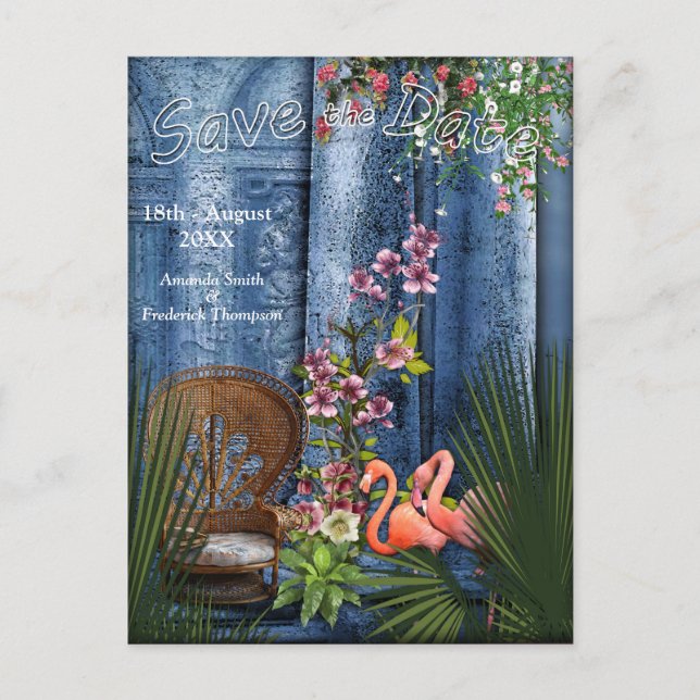 Tropical Vintage Blue Marble Palace Announcement Postcard (Front)