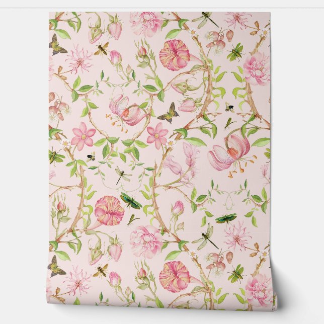 Tropical Vintage Butterflies Garden Chinoiserie Wallpaper (Unrolling)