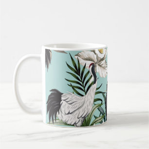 Tropical vintage crane bird, parrot, lotus flowe coffee mug