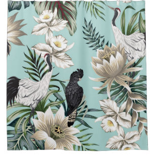 Tropical vintage crane bird, parrot, lotus flowe shower curtain