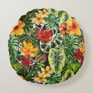 Tropical Vintage Exotic Jungle Flower Flowers Round Pillow