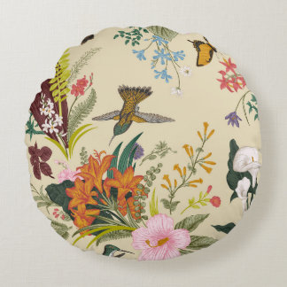 Tropical Vintage Floral Tapestry Round Pillow